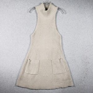 Free People Ribbed Turtleneck Sleeveless Mini Dress Beige Pockets Size S